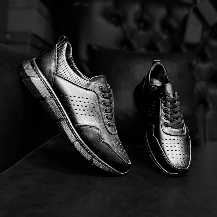Siyah Deri Lazer Model Sneakers 